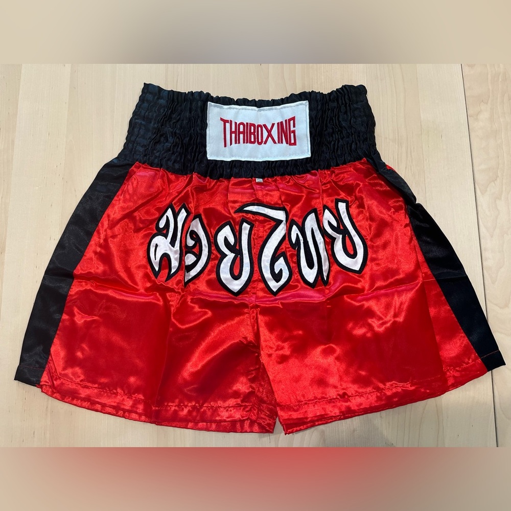 Boxing Short Muay Thai Men Women 2XL Red Embroidery MMA Sports Elastic Fonts